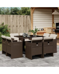 Ensemble à manger de jardin et coussins 9 pcs marron poly rotin | Mobilier & Déco