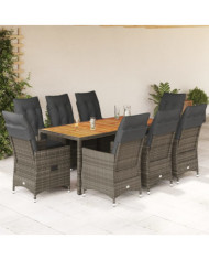 Ensemble à manger de jardin 9 pcs coussins gris résine tressée | Mobilier & Déco