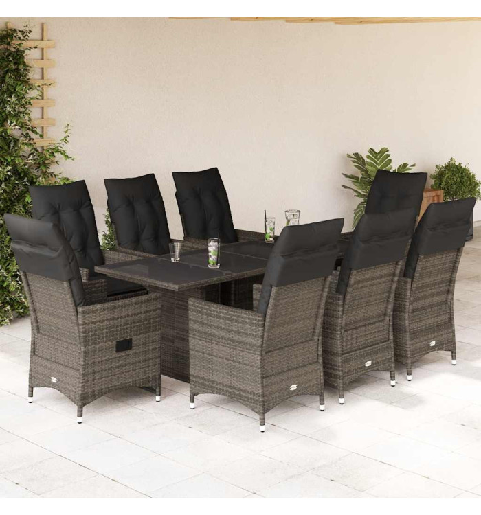Ensemble à manger de jardin 9 pcs coussins gris résine tressée | Mobilier & Déco