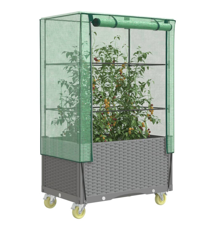 Jardinière surélevée avec housse et roues aspect rotin | Mobilier & Déco