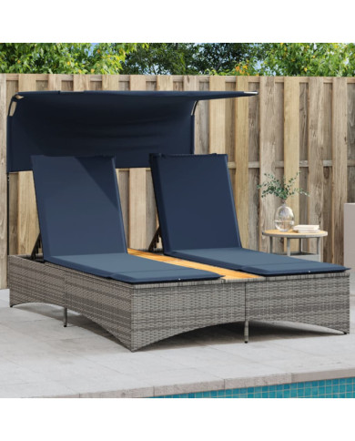 Chaise longue double avec auvent et coussins en polyrotin gris | Mobilier & Déco