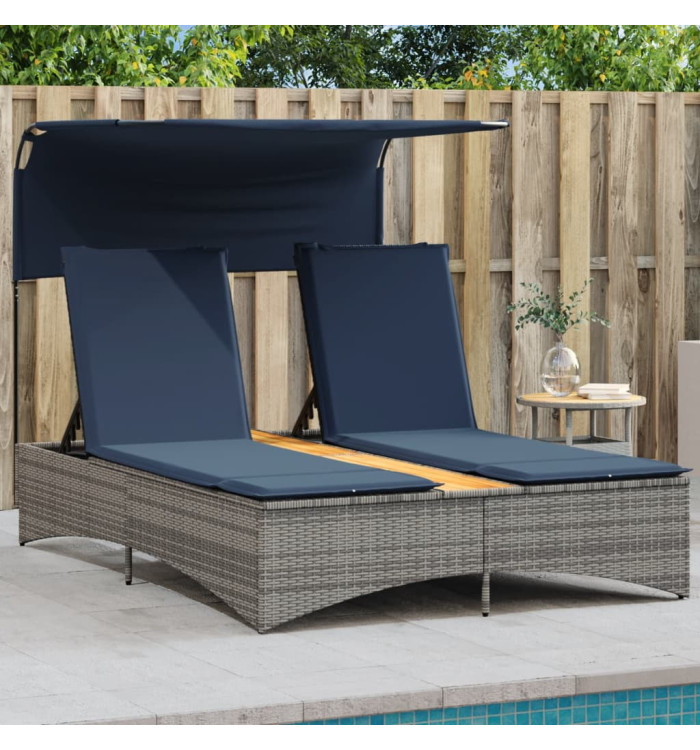 Chaise longue double avec auvent et coussins en polyrotin gris | Mobilier & Déco