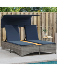 Chaise longue double avec auvent et coussins en polyrotin gris | Mobilier & Déco