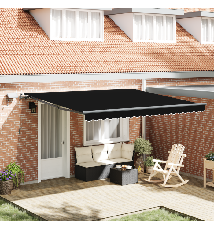 Store rétractable manuel avec LED Noir 400x350 cm, Tissus de remplacement de store pour cadre de 4x3.5 m Noir | Mobilier & Déc