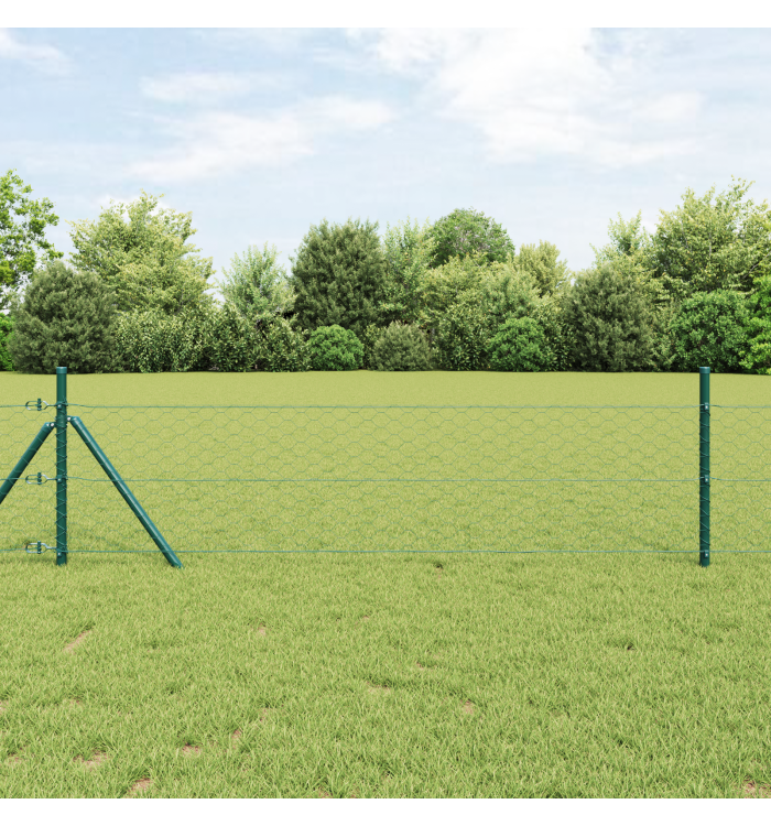 Clôture hexagonale verte 1x100 m en acier, Poteaux de clôture 13 pcs verts Ø32 mm 150 cm en acier galvanisé | Mobilier & Déco