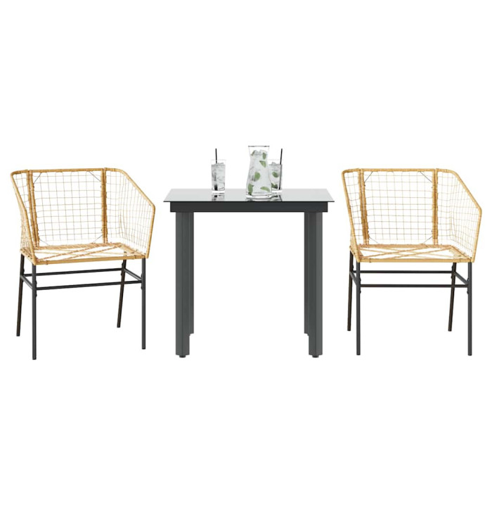 Ensemble à manger de jardin 3pcs marron résine tressée verre | Mobilier & Déco