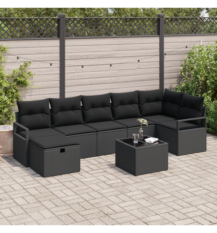 Canapé de Jardin 8 Pièces avec Coussins Noir Poly Rattan, Canapé de Jardin 2 Places avec Coussins Noir Poly Rattan | Mobilier & 