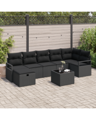 Canapé de Jardin 8 Pièces avec Coussins Noir Poly Rattan, Canapé de Jardin 2 Places avec Coussins Noir Poly Rattan | Mobilier & 