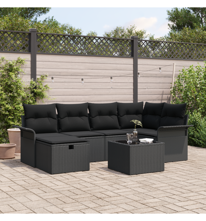 Ensemble de Canapé de Jardin 7 Pièces avec Coussins en Poly Rattan Noir | Mobilier & Déco