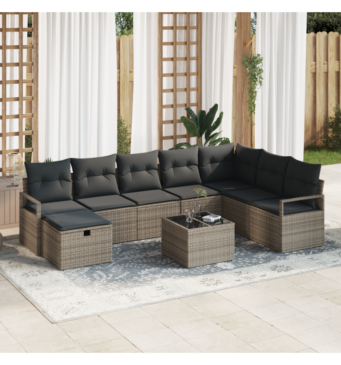 Ensemble de canapé de jardin 9 pièces avec coussins en poly rattan gris | Mobilier & Déco