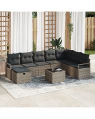 Ensemble de canapé de jardin 9 pièces avec coussins en poly rattan gris | Mobilier & Déco