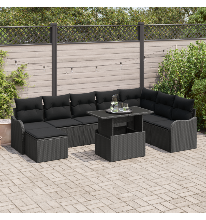 Ensemble de canapé de jardin 9 pièces avec coussins en rotin noir, Canapé de jardin 2 places avec coussins en rotin noir | Mobil