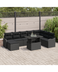 Ensemble de canapé de jardin 9 pièces avec coussins en rotin noir, Canapé de jardin 2 places avec coussins en rotin noir | Mobil