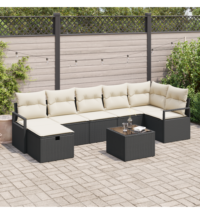 Canapés de Jardin 8 pièces avec Coussins Noir Rotin Synthétique, Canapé de Jardin 2 places avec Coussins Noir Rotin Synthétique 