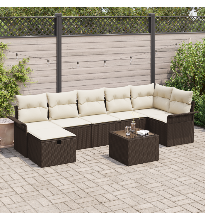 Ensemble de canapé de jardin 8 pièces avec coussins marron en poly rotin | Mobilier & Déco