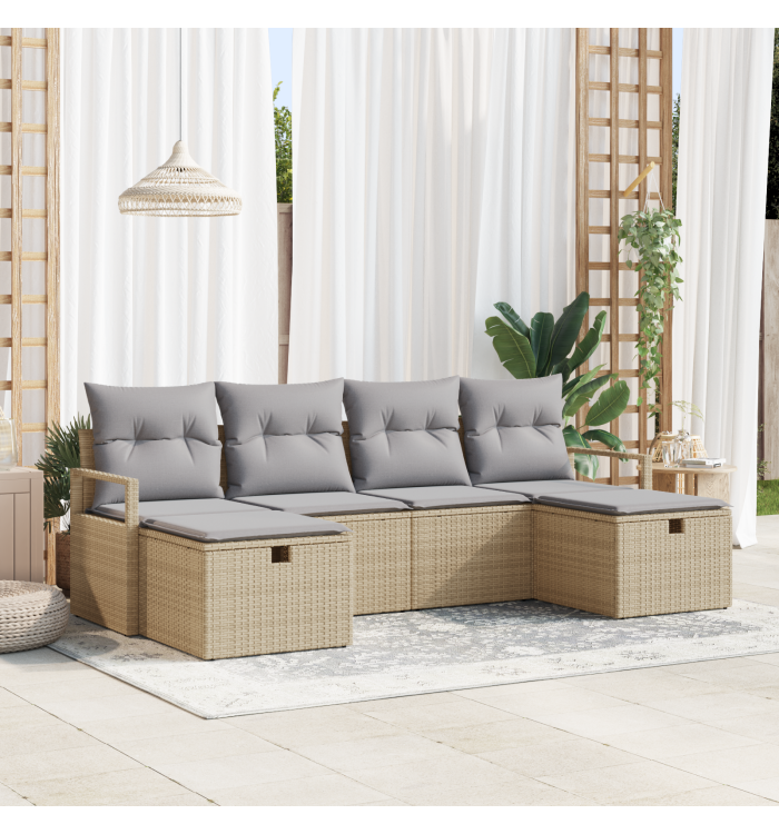 Ensemble de canapé de jardin 6 pièces avec coussins Beige Poly Rattan | Mobilier & Déco