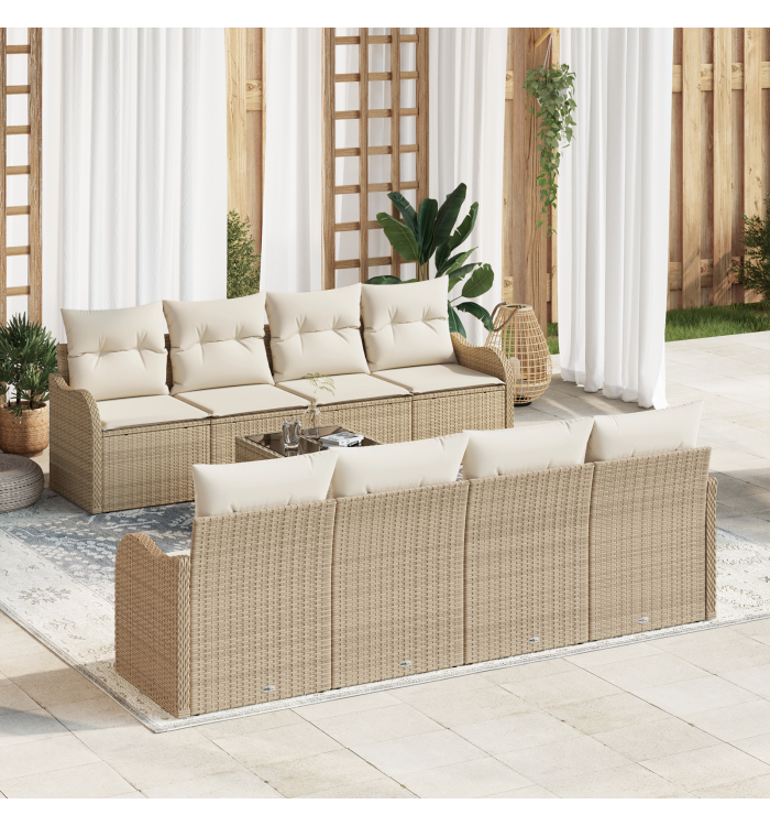 Ensemble de canapé de jardin 9 pièces avec coussins beige poly rattan, Canapé de jardin 2 places avec coussins beige poly rattan