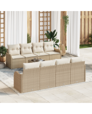 Ensemble de canapé de jardin 9 pièces avec coussins beige poly rattan, Canapé de jardin 2 places avec coussins beige poly rattan