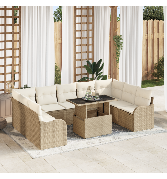 Ensemble de canapés de jardin 10 pièces avec coussins Beige Rattan Poly, Canapé 2 places avec coussins Beige Rattan Poly | Mob