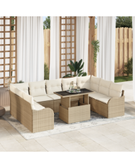 Ensemble de canapés de jardin 10 pièces avec coussins Beige Rattan Poly, Canapé 2 places avec coussins Beige Rattan Poly | Mob