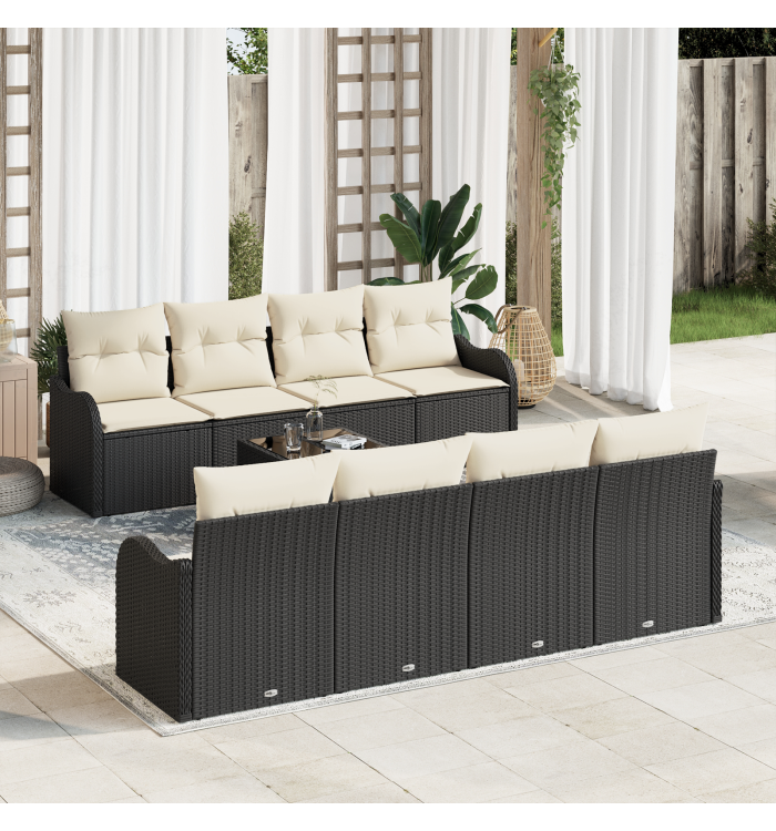 Canapé de jardin 9 pièces avec coussins en poly rattan noir, Canapé 2 places avec coussins en poly rattan noir | Mobilier & Déco