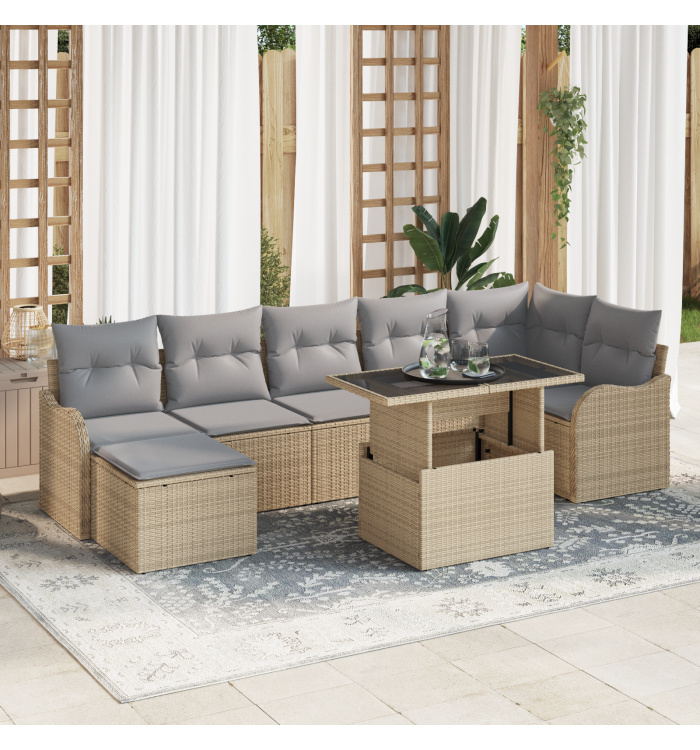 Ensemble de Canapé de Jardin 8 Pièces avec Coussins Beige Poly Rattan, Canapé de Jardin 2 Places avec Coussins Beige Poly Rattan