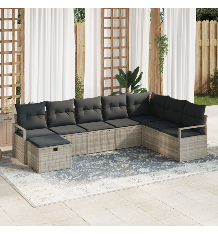Ensemble de canapé de jardin en 8 pièces avec coussins gris clair en poly rattan | Mobilier & Déco