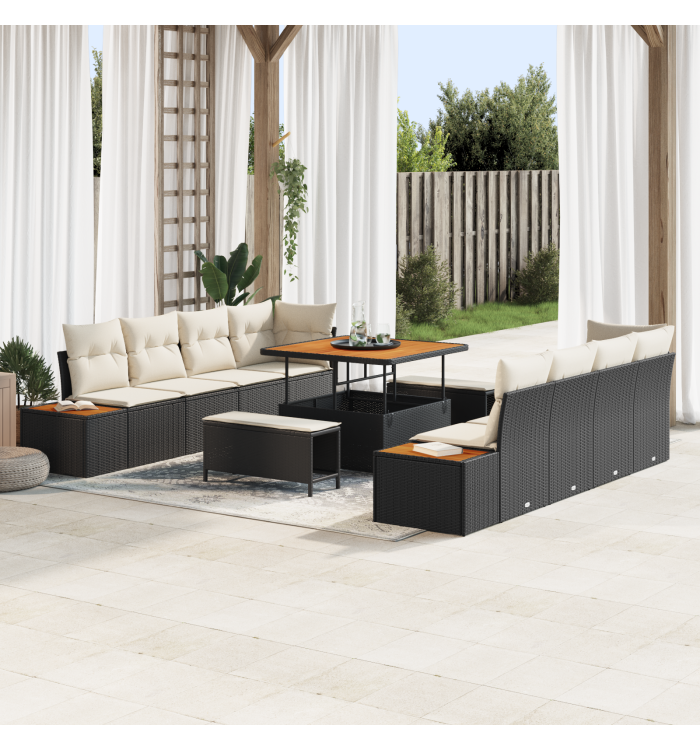 Ensemble de canapé de jardin en 11 pièces avec coussins noirs en rotin poli acacia | Mobilier & Déco