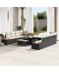 Ensemble de canapé de jardin en 11 pièces avec coussins noirs en rotin poli acacia | Mobilier & Déco