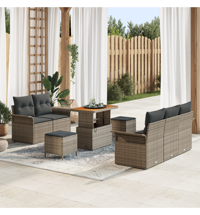 Ensemble de Canapé de Jardin 8 Pièces avec Coussins Gris Poly Rattan Acacia | Mobilier & Déco
