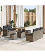 Ensemble de Canapé de Jardin 8 Pièces avec Coussins Gris Poly Rattan Acacia | Mobilier & Déco