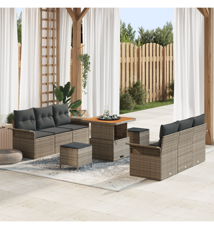 Ensemble de Canapé de Jardin 9 Pièces avec Coussins en Poly Rattan Acacia Gris | Mobilier & Déco