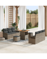 Ensemble de Canapé de Jardin 9 Pièces avec Coussins en Poly Rattan Acacia Gris | Mobilier & Déco
