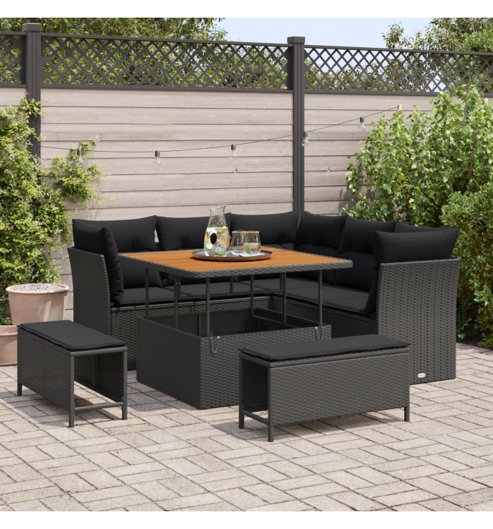 Ensemble de canapé de jardin 8 pièces avec coussins noir poly rotin acacia | Mobilier & Déco