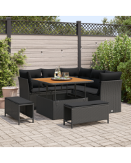 Ensemble de canapé de jardin 8 pièces avec coussins noir poly rotin acacia | Mobilier & Déco