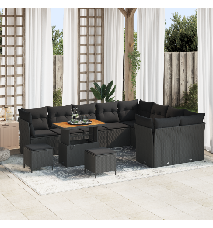 Canapé de jardin 12 pièces avec coussins Noir Poly Rattan Acacia | Mobilier & Déco