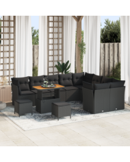 Canapé de jardin 12 pièces avec coussins Noir Poly Rattan Acacia | Mobilier & Déco