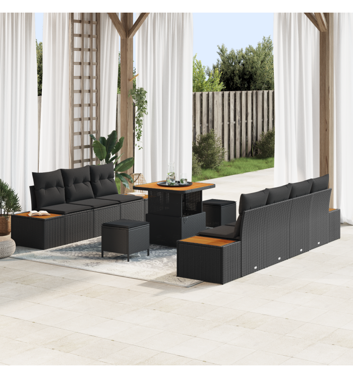 Canapé de Jardin 10 pièces avec Coussins Noir Rattan Poly Acacia | Mobilier & Déco