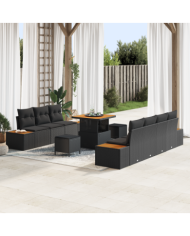 Canapé de Jardin 10 pièces avec Coussins Noir Rattan Poly Acacia | Mobilier & Déco