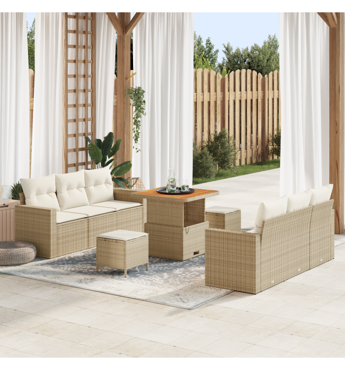 Canapé de Jardin 9 Pièces avec Coussins Beige Rattan Synthétique Acacia | Mobilier & Déco