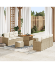 Canapé de Jardin 9 Pièces avec Coussins Beige Rattan Synthétique Acacia | Mobilier & Déco