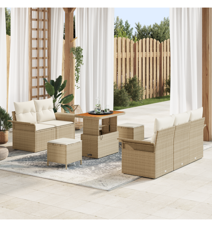 Ensemble de Canapés de Jardin de 8 Pièces avec Coussins Beige Rattan Synthétique Acacia | Mobilier & Déco