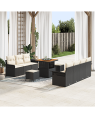 Ensemble de Canapé de Jardin 10 Pièces avec Coussins Noir Poly Rattan Acacia | Mobilier & Déco