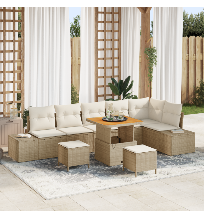 Ensemble de Canapés de Jardin 9 Pièces avec Coussins Beige Rattan Poly Acacia | Mobilier & Déco