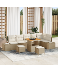 Ensemble de Canapés de Jardin 9 Pièces avec Coussins Beige Rattan Poly Acacia | Mobilier & Déco
