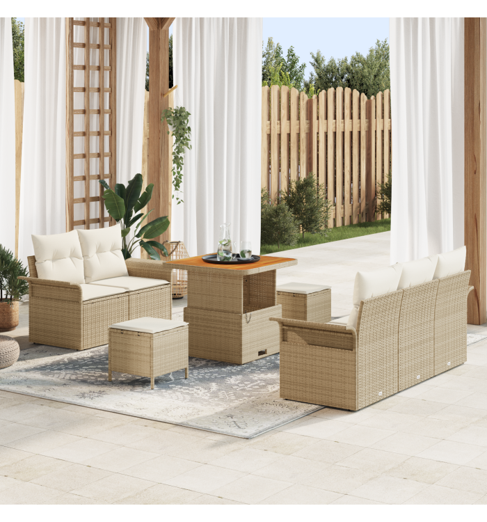 Ensemble de Sofa de Jardin de 8 Pièces avec Coussins Beige Poly Rattan Acacia | Mobilier & Déco