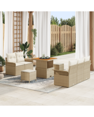 Ensemble de Sofa de Jardin de 8 Pièces avec Coussins Beige Poly Rattan Acacia | Mobilier & Déco