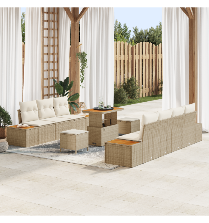 Canapés de Jardin 10 Pièces avec Coussins Beige Poly Rattan | Mobilier & Déco