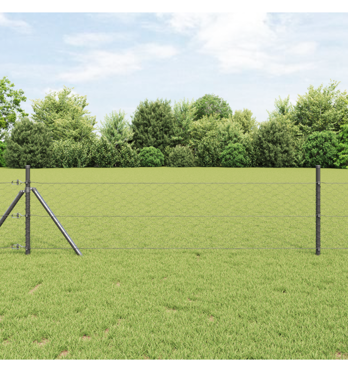Clôture en Hexagone Grise 0.4x10 m Acier, Poteaux de Clôture 7 pcs Gris Ø32 mm 80 cm Acier Galvanisé | Mobilier & Déco