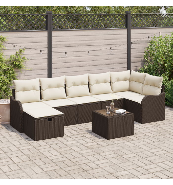 Set de Canapé de Jardin 8 Pièces avec Coussins Marron Rotin Poly , Canapé de Jardin 2 places avec Coussins Marron Rotin Poly | M